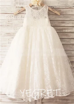 Кружевное платье принцессы цвета слоновой кости с цветочным узором для девочек на свадьбу, детское платье для первого причастия с круглым вырезом, сшитое на заказ