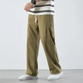 В американском стиле, широкие спортивные повседневные брюки для мужчин в стиле хип-хоп, дышащие, свободного кроя, прямые уличные брюки с разрезом.