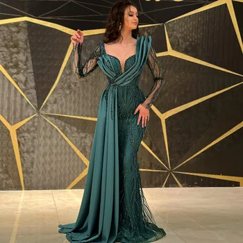 Изумрудно-зеленое Роскошное вечернее платье из Дубая для женщин, свадебная юбка-русалка, Золотые Арабские вечерние платья SS425