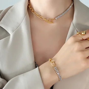 Новая мода, блестящая кнопка Ot, толстая цепочка, ожерелье для ключиц, браслет из нержавеющей стали для женщин, подарок, Не выцветает Оптом