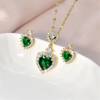 Зеленый комплект украшений в форме сердца в европейском и американском стиле, 2 предмета, Персонализированное свадебное ожерелье с цирконием 