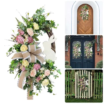 Венок с Пасхальным кроликом, Входная дверь, Весенний цветок, Настенный кулон, Зеленая гирлянда для праздника, Домашний декор в помещении, на открытом воздухе, в саду