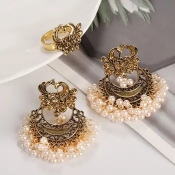 Серьги и кольцо с резьбой в виде Павлина золотого цвета в стиле бохо, набор для женщин, ретро Геометрические серьги Jhumka с жемчужной кисточкой, свадебные украшения