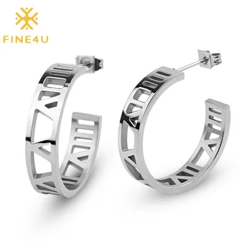 FINE4U E178 Полированные серьги-кольца с римскими цифрами из нержавеющей стали для рождественского подарка на День Святого Валентина