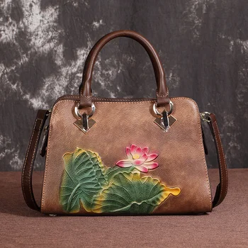 Высококачественная сумка-тоут с цветочным тиснением, женские сумки-мессенджеры через плечо, Винтажная Роскошная Женская сумка из натуральной кожи