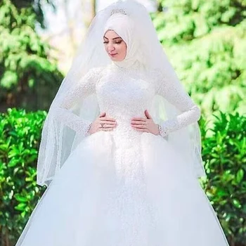 2023 Мусульманское свадебное платье в хиджабе с длинным рукавом, Красочная Кружевная аппликация, Пышный шлейф, свадебное платье Настраиваемого цвета