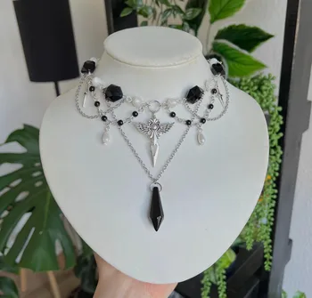 Ожерелье с черным Ведьмовским крестом Ручной Работы Fairy Core / Y2k Indie Jewelry Pixie Черно-белое Ожерелье Из Бисера