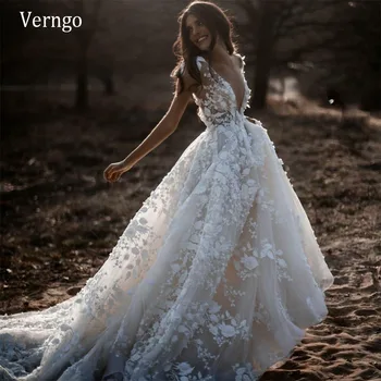 Свадебное платье Verngo Boho с кружевным 3D цветочным V-образным вырезом и рукавами-колпачками, свадебные платья в стиле Кантри, платье невесты в богемном стиле с открытой спиной, Vestidos