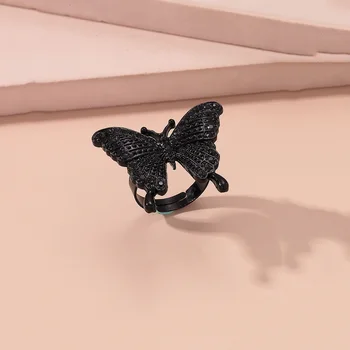 Винтажные Готические кольца с бабочками из черного хрусталя для женщин, ювелирные изделия Корейского золотого цвета, Регулируемое Открытое кольцо, Аксессуары для вечеринок