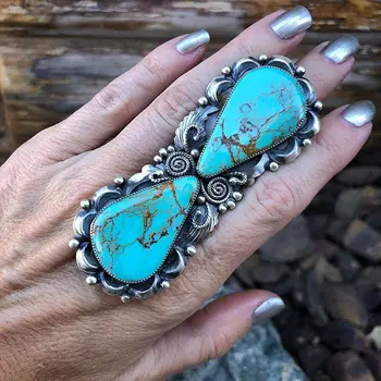 Винтажный Бохо, Негабаритная форма капли воды, Кольцо на палец с синим камнем для женщин, панк, Металлические кольца из античного серебра, ювелирные изделия