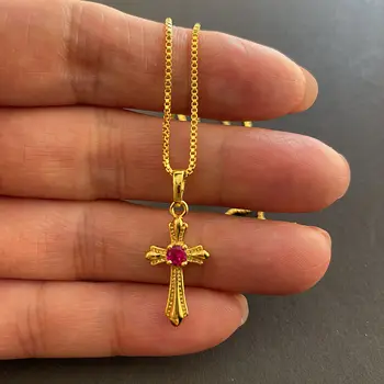 Корейское Золотое ожерелье с 24 каратным золотым покрытием, Ожерелье с крестом для девочек, Ювелирные изделия, Подарок, Религия