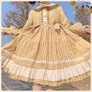 Платье Lolita Kawaii Женское Винтажное Хлопковое платье в клетку с длинным рукавом, осенне-весеннее платье для косплея милой девушки, Милое платье
