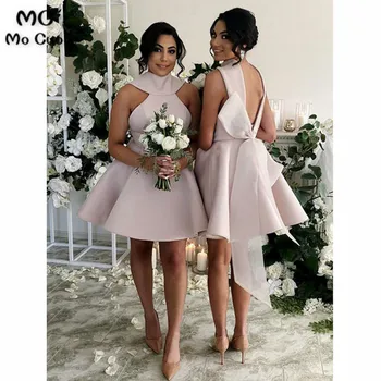 Готовое бальное платье 2019, платья для подружек невесты на бретелях, мини-короткое платье из жесткого атласа с открытой спиной, платье для свадебной вечеринки, Платье для подружек невесты