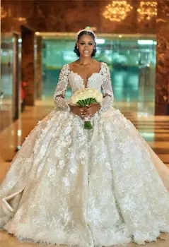 Классические свадебные платья с объемными цветочными аппликациями, бальные платья Vestido De Noiva, Шлейф собора, Открытая спина, Длинные рукава