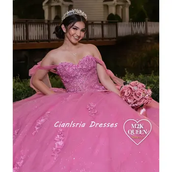 Розовое Пышное Платье с Иллюзионным Бантом и Кристаллами, Бальное Платье С Открытыми Плечами, Кружевной Корсет С Аппликациями, Сладкое 15 Vestidos De Quinceañera