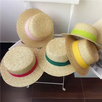 Женская летняя шляпа-канотье из натуральной пшеничной соломы, плоская шляпа с козырьком, дорожная пляжная шляпа, женская солнцезащитная шляпа с красочной лентой
