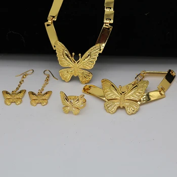 Комплект ювелирных изделий из Дубая для женщин, ошейник, ювелирные изделия из Африки, Эфиопия, ожерелье с бабочкой золотого цвета, серьги, браслет, кольцо, подарок для свадебной вечеринки