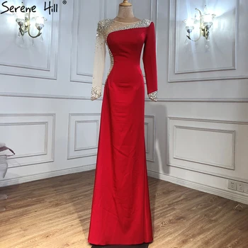 Serene Hill Красное Роскошное Вечернее платье-Русалка с бисером 2023, Атласное Женское платье с длинными рукавами и круглым вырезом CLA71152