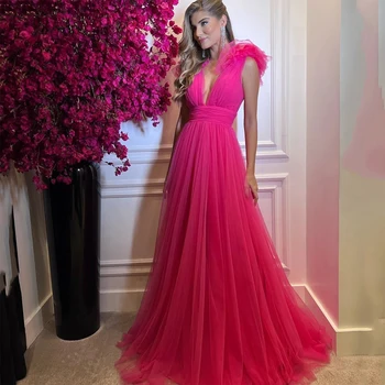 Сексуальные Вечерние платья Макси С V-образным вырезом, Розовое Многослойное Платье Без рукавов, Vestidos De Noche Robes De Soirée