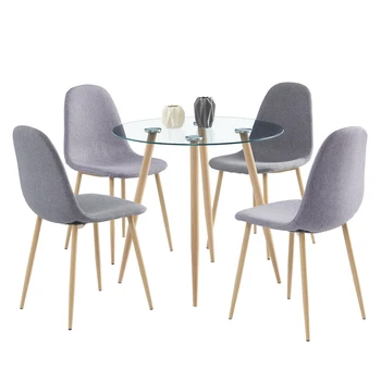 Набор стульев для обеденного Стола включает в себя 1 Круглый Стеклянный Обеденный Стол + 4 Простых Обеденных Стула в современном стиле С Ножками из искусственного дерева [US-W]