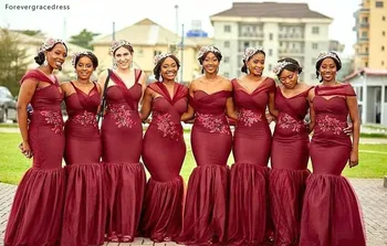 Нигерийские платья подружек невесты в стиле Русалки Бордового цвета Летний Загородный сад Свадебная вечеринка Платья подружек невесты Плюс размер на заказ