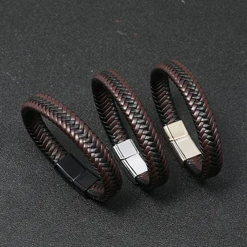 Новый простой и универсальный плетеный браслет из натуральной кожи с магнитной пряжкой из нержавеющей стали в стиле ретро для мужчин и женщин