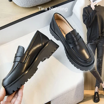 TinaNehrling/ весенняя обувь в британском стиле; женские повседневные лоферы на толстой подошве в стиле колледжа; Модная обувь из натуральной кожи для девочек;