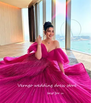 Длинные вечерние платья Verngo Glitter Fuschia Dubai Arabic, сексуальные вечерние платья с расклешенными рукавами и открытыми плечами, блестящие вечерние платья для выпускного вечера 2023
