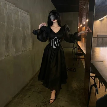 Вечерние платья из тюля AsaNagi черного цвета с V-образным вырезом, платья для свадебной вечеринки, пышные рукава, элегантное платье для выпускного вечера с V-образным вырезом, юбка для случая