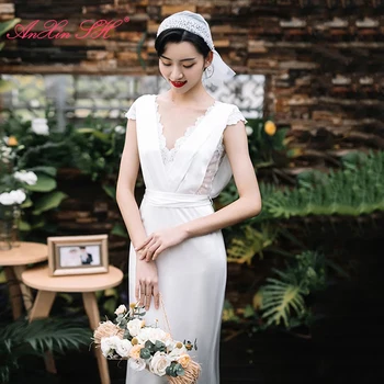 AnXin SH, французское ретро, белое цветочное кружево, v-образный вырез, винтажное платье на молнии без рукавов, легкое свадебное платье для невесты, маленькое белое платье