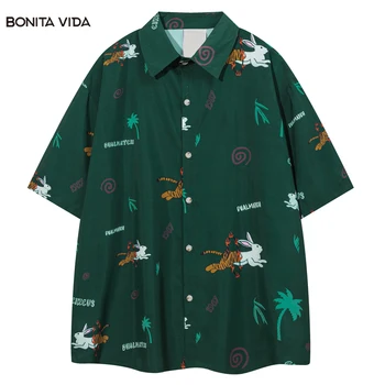 Гавайская рубашка Мужская Y2K Уличная Одежда с забавным принтом Кролика и тигра, пляжные рубашки с коротким рукавом и пуговицами, Летние Свободные Рубашки Aloha