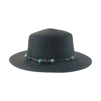 Пляжная шляпа, летняя женская шляпа, шляпы для женщин, соломенная цепочка, повседневная шляпа с плоским верхом, Хаки, Черная белая шляпа от солнца, новинка шляпа женская летняя
