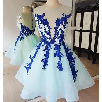 Светло-голубое короткое мини-платье для выпускного вечера с круглым вырезом Vestido, вечернее платье с аппликацией, вечерние платья для официальных вечеринок