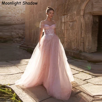 Лунная тень, светло-розовое свадебное платье с открытыми плечами, тюль с цветами, кружева, свадебные платья трапециевидной формы, Vestido De Novia