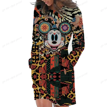 Женское платье-толстовка с принтом Disney Minnie Mickey, повседневное платье с длинным рукавом, Негабаритная толстовка с капюшоном в богемном стиле, толстовки с карманами, платье