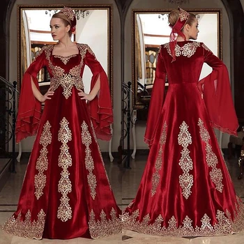 Элегантные Турецкие вечерние платья-кафтаны С золотистыми кружевными аппликациями, длинные рукава, Бордовые Арабские женские платья для свадебных вечеринок