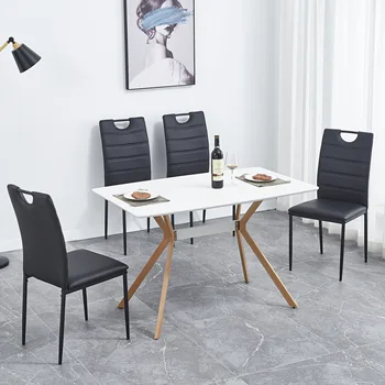 набор стульев для кухонного обеденного стола 5шт на 4 персоны 1 Обеденный стол в современном минималистичном стиле + 4 кожаных стула с высокими спинками [В наличии в США]