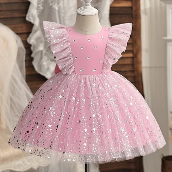 Одежда для маленьких девочек с оборками и блестками для детей 1-5 лет, свадебные вечерние платья, элегантное платье принцессы с цветочным узором для девочек на день рождения
