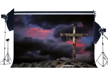 Фон счастливой Пасхи, деревянный крест, пеньковая веревка, темное облако, фон воскрешения Иисуса