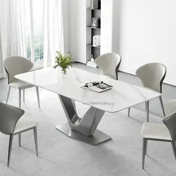 Итальянский Дизайнерский обеденный стол Современный декор для дома V-образное основание Прямоугольник из нержавеющей стали Стильный Серебристый кухонный стол и стулья
