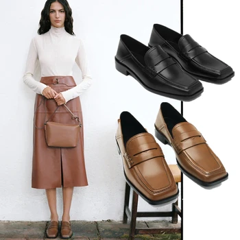 Женская модная кожаная обувь в Англии, винтажные кожаные лоферы без застежки на квадратном каблуке, женские лоферы из натуральной кожи