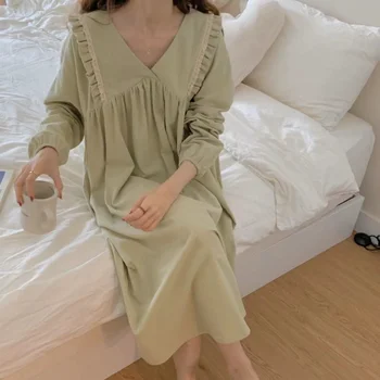 QWEEK Princess Женская пижама с длинным рукавом, ночная рубашка с рюшами, ночная рубашка в корейском стиле, ночное платье, одежда для отдыха