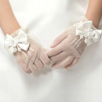 Сетчатые перчатки с бантом и жемчугом для девочек, Принадлежности для вечеринок, Аксессуары для церемонии Коронации на День рождения детей, Подарочные Варежки