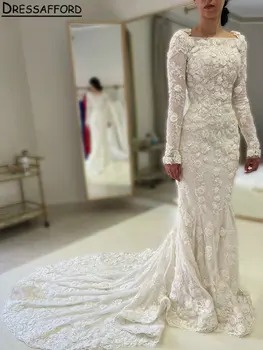 Великолепный вырез лодочкой, 3D цветы, свадебные платья из Дубая, Русалка, Аппликации с длинными рукавами, кружевное свадебное платье из Саудовской Аравии