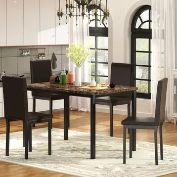 Обеденный набор из 5 предметов, кухонный стол с мраморной столешницей, 4 прочных черных стула с обивкой из искусственной кожи, идеально подходящих для кухни