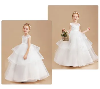 Белая свадебная детская одежда для девочек, платья принцессы без рукавов, Одежда для вечеринки по случаю дня рождения, Многоуровневое платье с аппликацией
