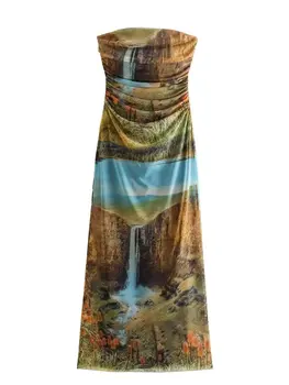 ZXQJ Женская мода 2023 года С рюшами, Тюлевое платье Миди с принтом, винтажные женские платья без бретелек с прямым вырезом, Vestidos