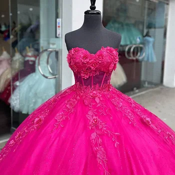 Фуксия 3D Цветы Кристалл Пышные Платья Бальное Платье Милая Аппликации Кружева Сладкий 15 Vestidos De XV Años