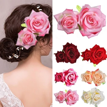 Бархатная заколка для волос ручной работы с двойной розой для женщин и девочек, свадебные заколки для танцовщиц фламенко, заколки для подружек невесты.