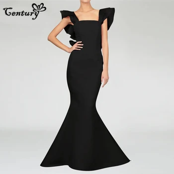 Черное вечернее платье для женщин 2023, рукав с оборками, Квадратный вырез, спинка, Атласные нарядные платья для выпускного вечера, Вечернее платье Vestido Largo